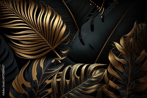 Tropical palm leaves pattern background. Gold and black monstera tree foliage decoration design. Plant with exotic leaf closeup.