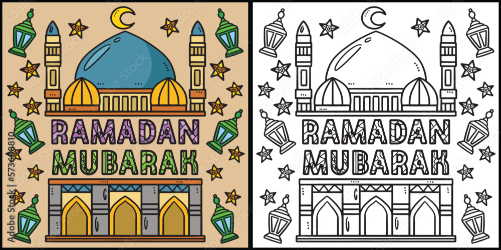 Ramadan Mubarak Coloring Page Colored Illustration
