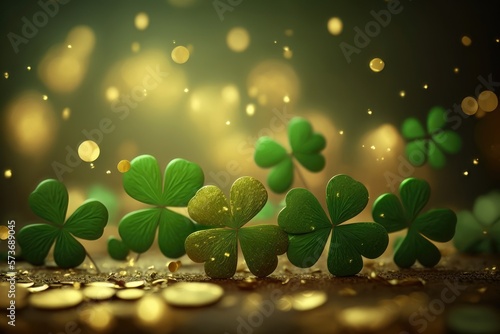 A beautiful holiday background with glowing clovers. St. Patrick's Day concept. AI generation.