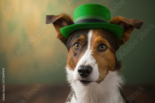 Illustration of a portrait of a cute dog in a green hat with a blurred background. St. Patrick's Day Concept. AI generation