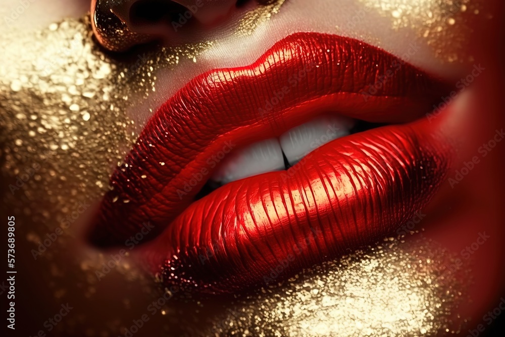 Red lips with red shimmer, female face with pulling gold. Generative AI