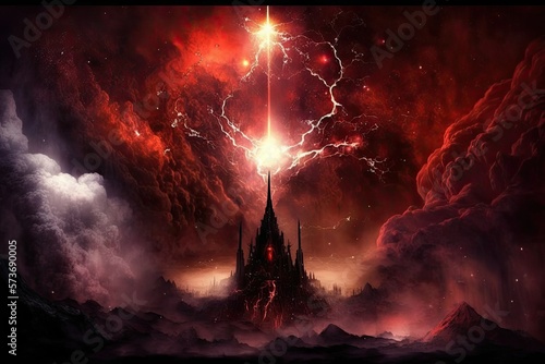 Apocalyptic religious setting the underworld  red sky with flashes of lightning  the end of the world  and eternal damnation. Generative AI