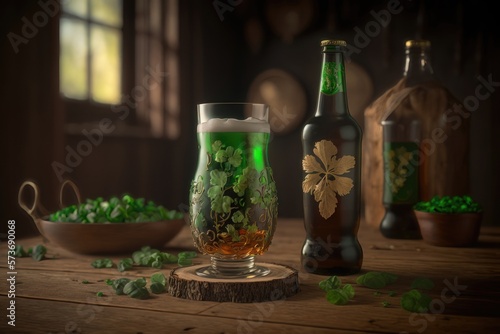 Illustration of beer in a bottle and in a glass in a pub on the table. St. Patrick's Day Concept. AI Generation