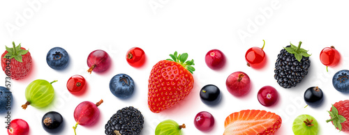 Fruits and berries frame isolated on white background, top view, flat lay