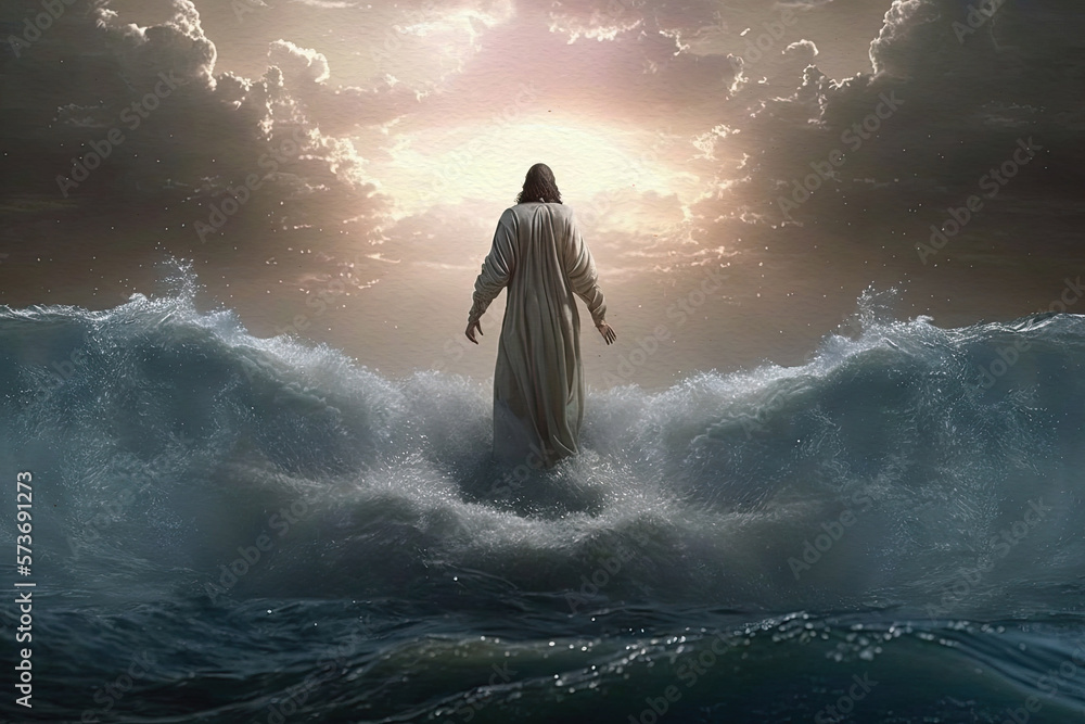 Obraz premium Jesus Christ walking on water of the Sea of Galilee, biblical illustration, generative ai