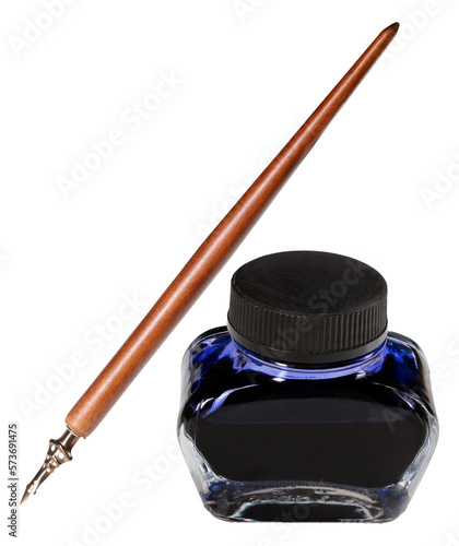 Old nib framed with a wooden handle and a glass inkwell with ink on an isolated background.