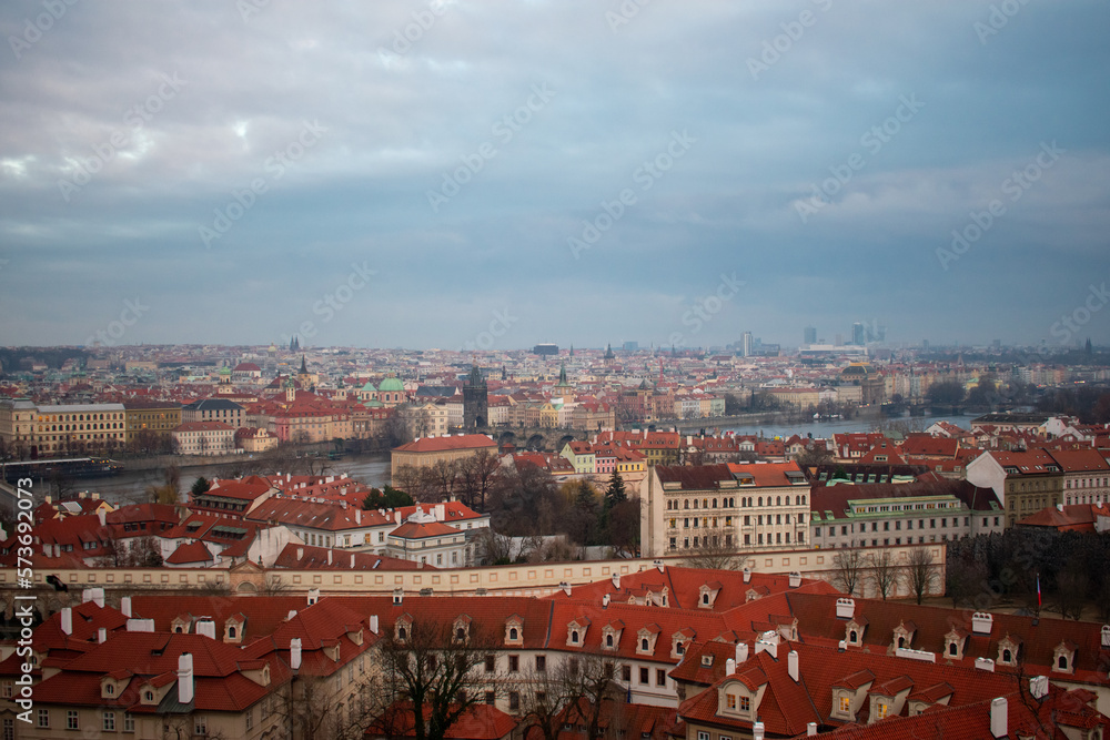 Aerial view of buildings and river in City centre of Prague, Czech Republic.   
