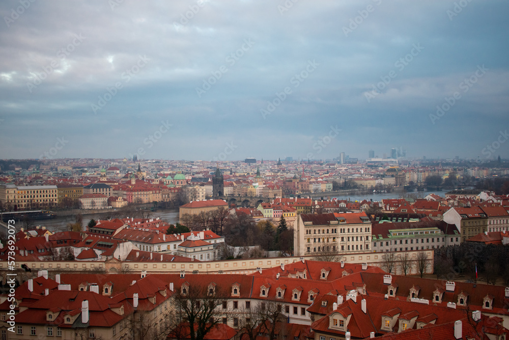 Naklejka premium Aerial view of buildings and river in City centre of Prague, Czech Republic. 