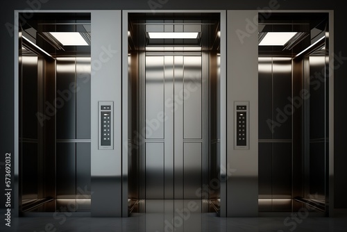 Iron elevator realistic composition with opened doors modern style. Ai. Illustration of luxury hotel or office building corridor interior lift