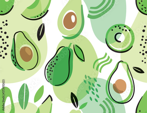 Abstract seamless pattern with avocado. Healthy vegan food. Vector illustration. Cartoon style.