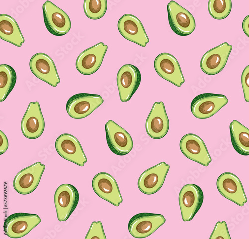 Seamless pattern with avocado. Healthy vegan food. Vector hand drawn illustration for textile, food packaging and cosmetics.