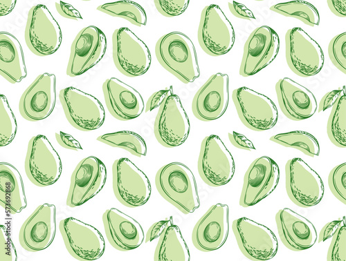 Seamless pattern with avocado. Healthy vegan food. Vector monochrome hand drawn illustration.
