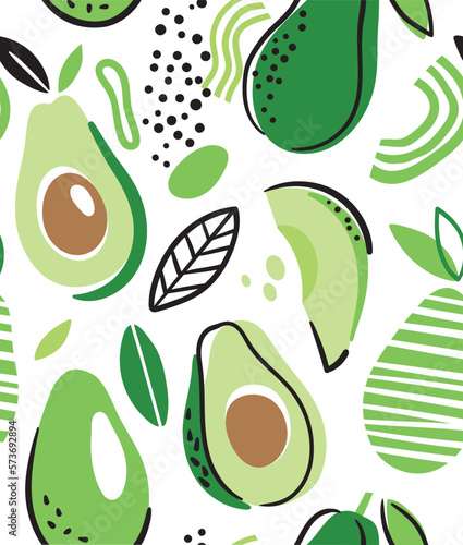 Abstract seamless pattern with avocado. Healthy vegan food. Vector illustration. Cartoon style.
