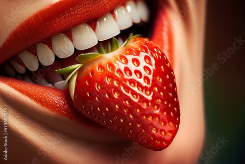 Juicy strawberry in a femele lips closeup. Generative AI photo