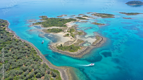 Aerial drone photo of paradise complex volcanic islands of Lichadonisia in North Evia, Greece