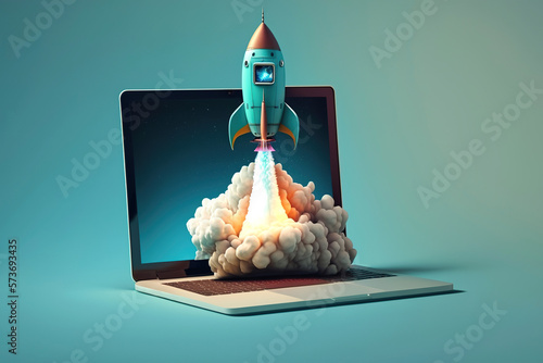 Photographie Rocket coming out of laptop screen, blue background