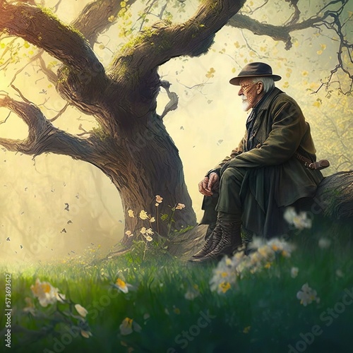 Elderly man remembering his youth on a beautiful spring day