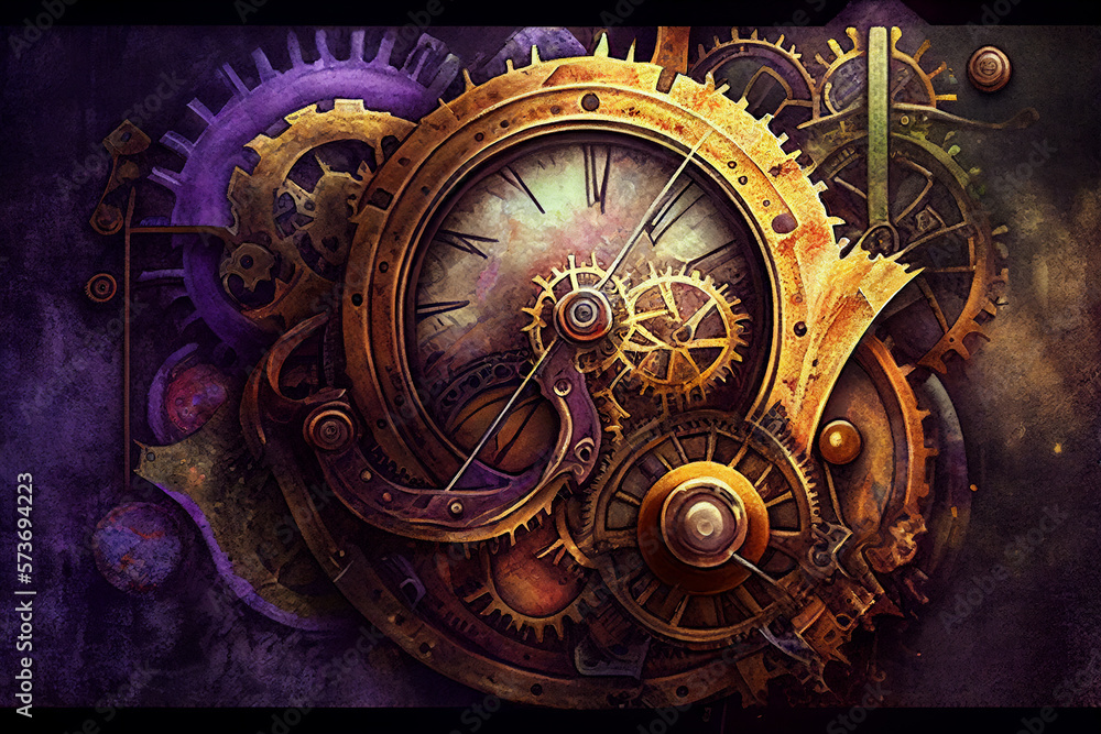 A victorian steampunk painting of a clock, gears, and cogs