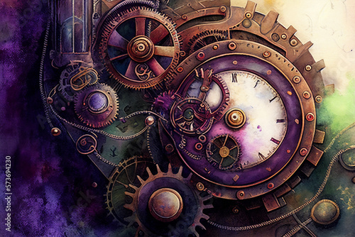 A painting of a steampunk clock with gears and cogs