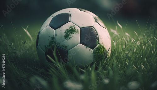 close up of classic dirty soccer ball in the grass, generative ai, generative, ai,  © christian cantarelli
