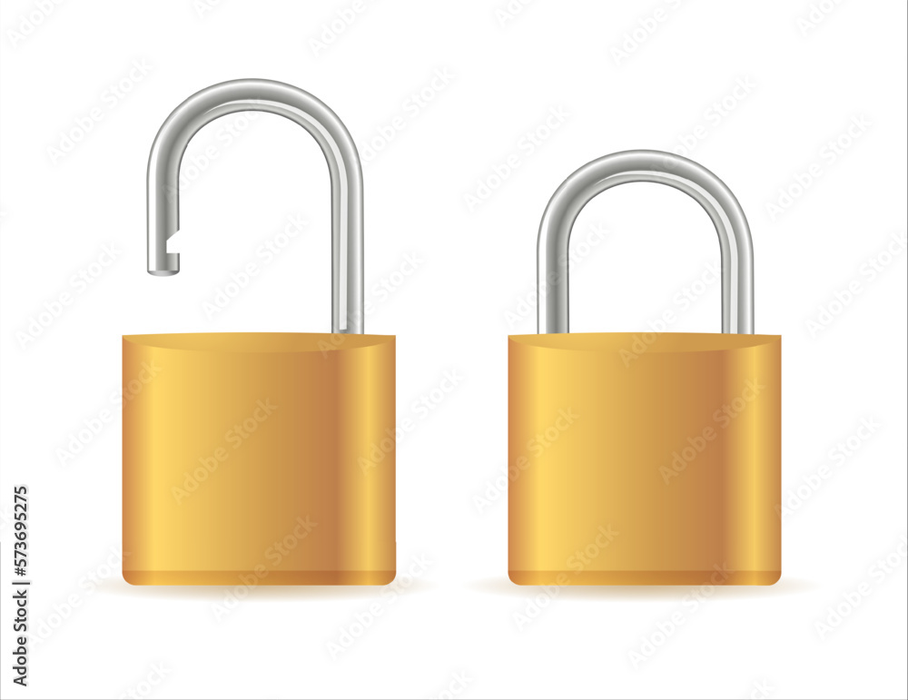 Gold padlocks set. Golden closed and open padlock isolated. Chrome locks template.Vector Gold padlocks set. Golden closed and open padlock isolated. Chrome locks template.Vector