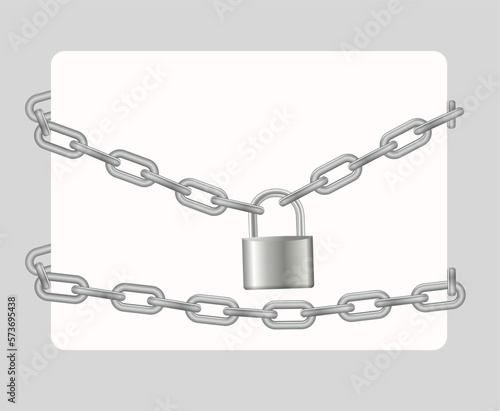 Padlock and chain. Gray metal chain and padlock, handcuffed card, vector