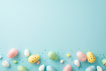 Easter celebration concept. Top view photo of colorful easter eggs with creative design and sprinkles on isolated pastel blue background with blank space