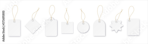 Blank paper price vector tags or gift tags in different shapes. Set of labels with cord. Vector