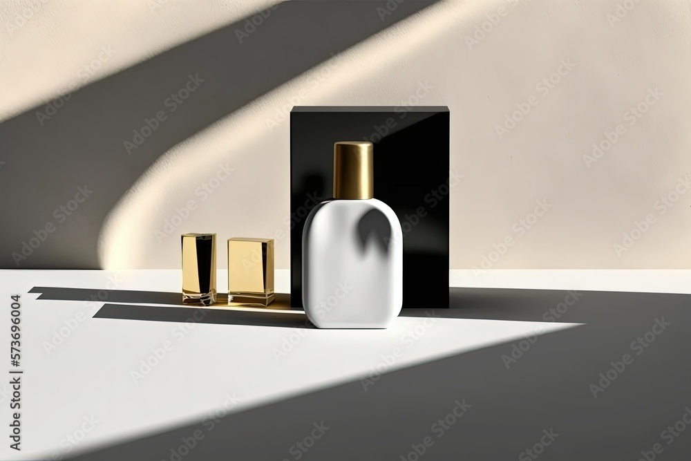 Background, Display, and Mock up of a Cosmetics Product Set on a Gold Stucco Table Casting a Shadow of Nature on a Concrete Wall. Generative AI Background, Display, and Mock up of a Cosmetics Product Set on a Gold Stucco Table Casting a Shadow of Nature on a Concrete Wall. Generative AI