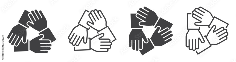 Set of teamwork icons. Three hands support each other, solidarity symbol, collaboration, unity hands. Partnership, business friendship, support. Vector. Set of teamwork icons. Three hands support each other, solidarity symbol, collaboration, unity hands. Partnership, business friendship, support. Vector.