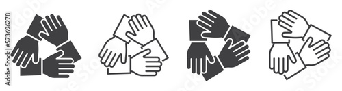 Set of teamwork icons. Three hands support each other, solidarity symbol, collaboration, unity hands. Partnership, business friendship, support. Vector.