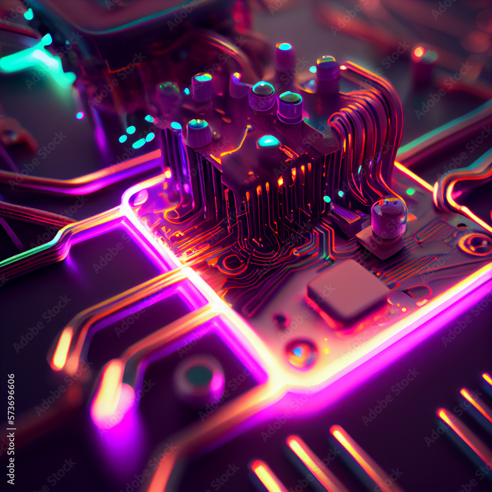Fototapeta premium Circuit board neon effect. Generative AI
