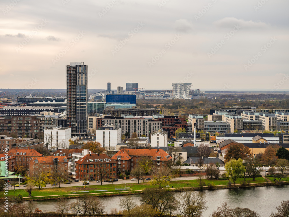 Fototapeta premium Aerial shot of Copenhagen's historic buildings and modern buildings, Denmark