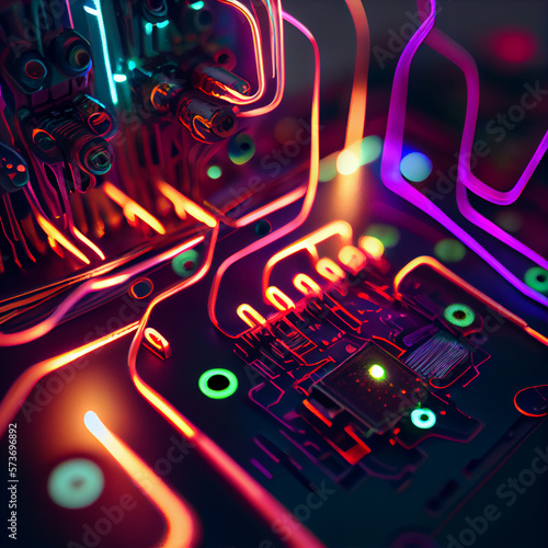 Circuit board neon effect. Generative AI
