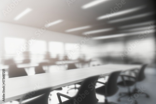 Open office space  blurred and empty. Design inspiration abstract bokeh of office lighting. Generative AI