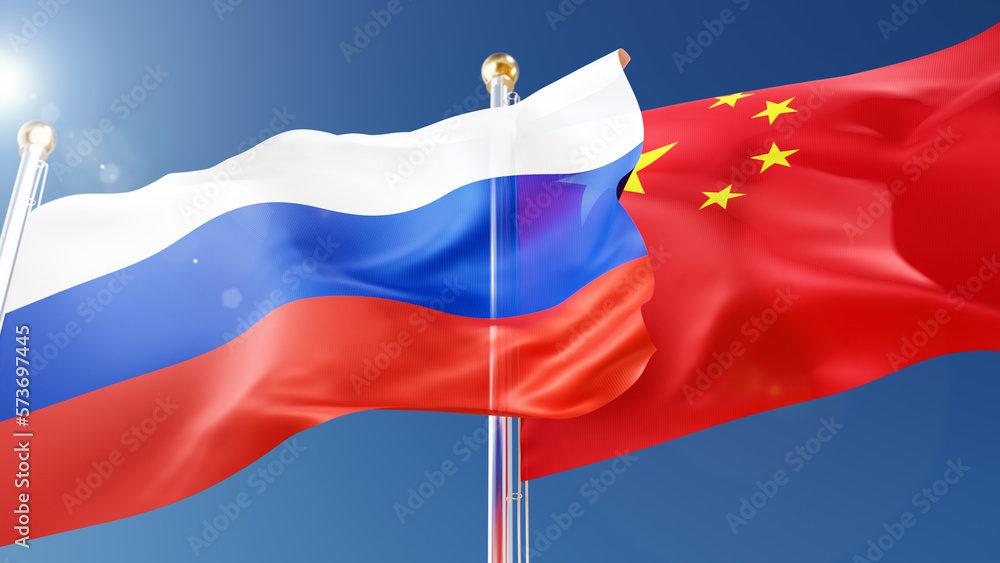 russia and china flags waving in the wind against a blue sky. chinese, russian national symbols 3d rendering russia and china flags waving in the wind against a blue sky. chinese, russian national symbols 3d rendering