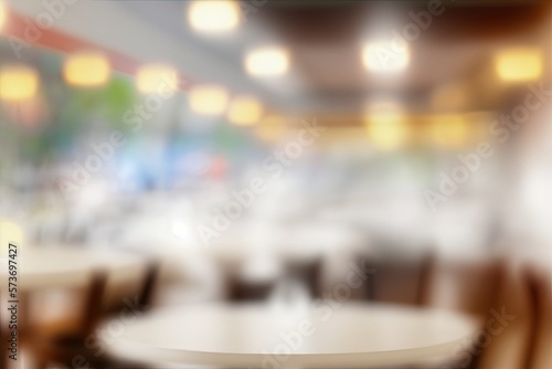 Restaurant or cafe setting with abstract bokeh lighting  blurred and out of focus background  and a table for showcasing goods. Generative AI