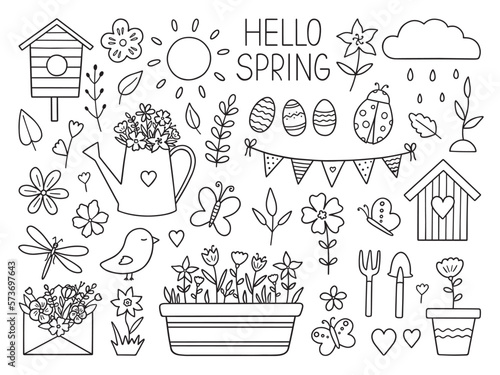 Spring doodle set. Butterflies, bird, watering can, envelope with flowers, birdhouse in sketch style. Hand drawn vector illustration isolated on white background