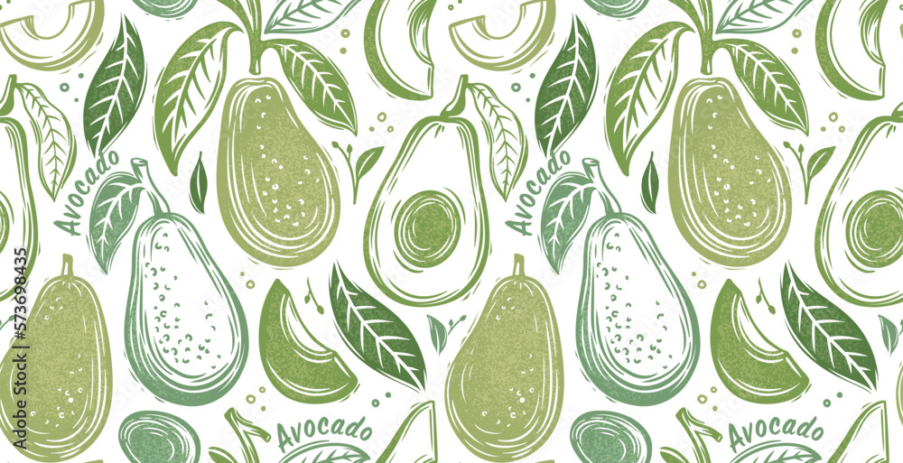 Seamless pattern with avocado. Healthy vegan food. Stamp printing. Hand drawn vector illustration in vintage style. Graphic fruits isolated on a background. Wood block print elements. Seamless pattern with avocado. Healthy vegan food. Stamp printing. Hand drawn vector illustration in vintage style. Graphic fruits isolated on a background. Wood block print elements.