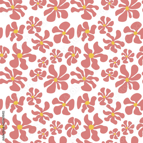 Seamless repeat pattern with flowers in matisse style on white background. Hand drawn