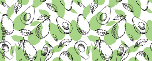 Seamless pattern with avocado. Healthy vegan food. Vector monochrome hand drawn illustration. 
