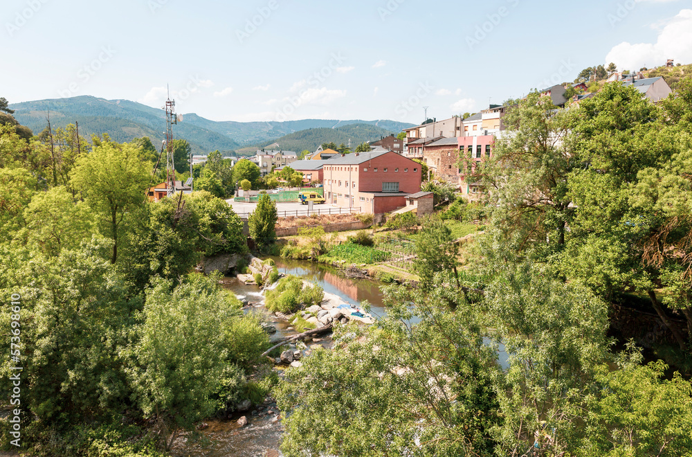 a view of Puente de Domingo Florez town and the Cabreira river, comarca el Bierzo, province of Leon, Castile and Leon, Spain - June 2022