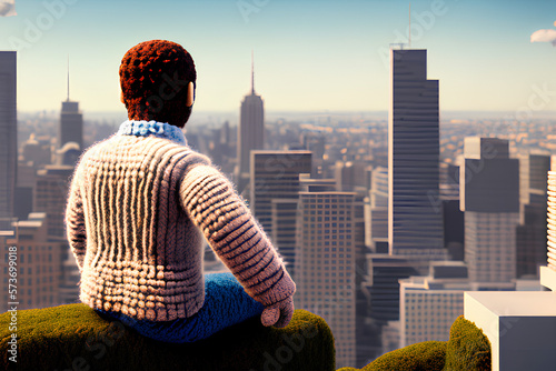 A wool version of a man sitting and looking out into a city created by Generative AI