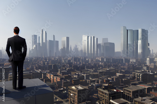 A businessman with a suit looking out onto a city created by Generative AI