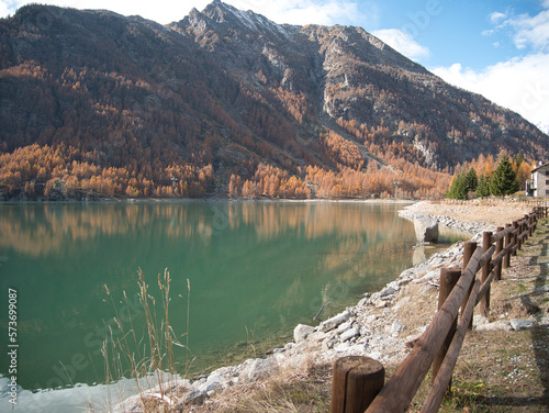 Ceresole Reale lake in autumn. Alps, Italy.