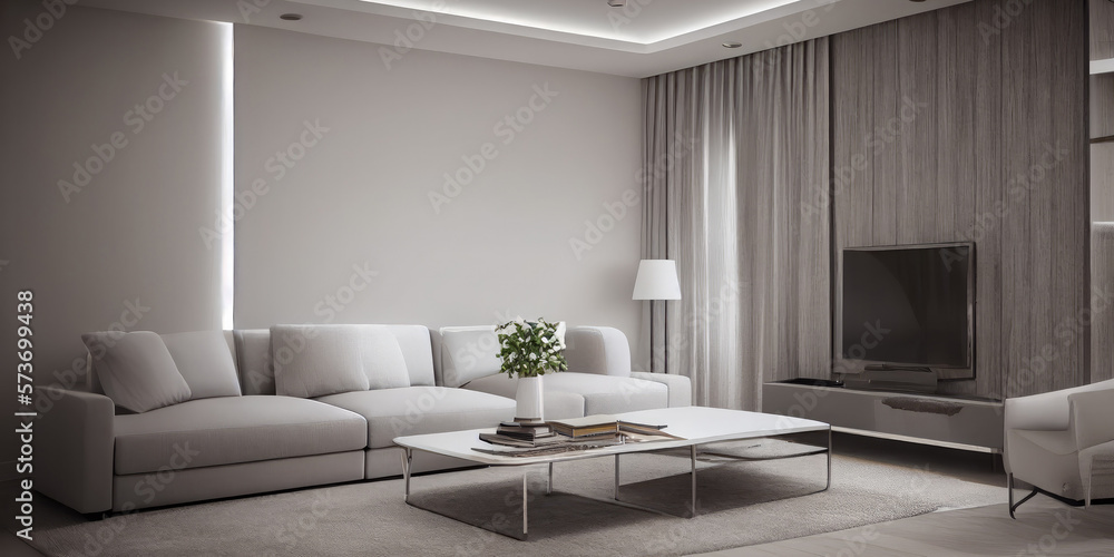 Fototapeta premium Elegant and comfortable designed living room with big corner sofa. Interior design modern apartment. Generative AI.