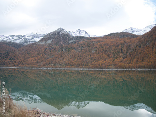 Ceresole Reale lake in autumn. Alps, Italy.