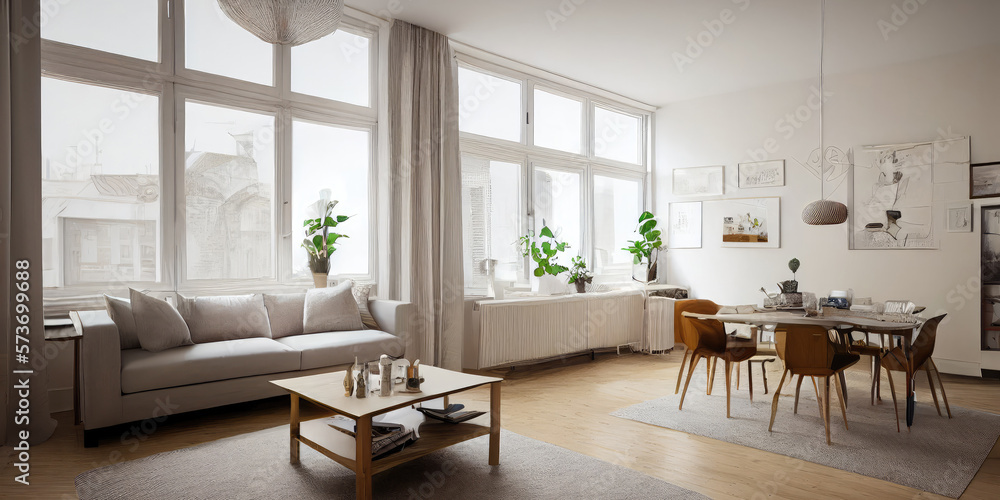 Fototapeta premium Stylish scandinavian composition of living room with design armchair, mock up poster frame, personal accessories in modern home decor. Generative AI.