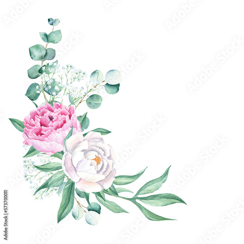 Fototapeta Naklejka Na Ścianę i Meble -  Watercolor bouquet, corner, white and pink peony, eucalyptus and gypsophila branches. Hand painted illustration isolated on white background. Can be used for greeting cards, wedding invitations, save