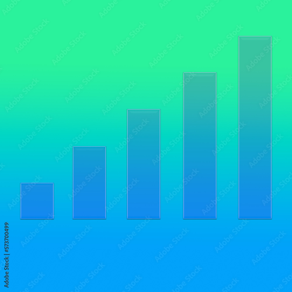 A bar graph with five bars on a blue-green background. The bars are transparent so the background shows through A bar graph with five bars on a blue-green background. The bars are transparent so the background shows through